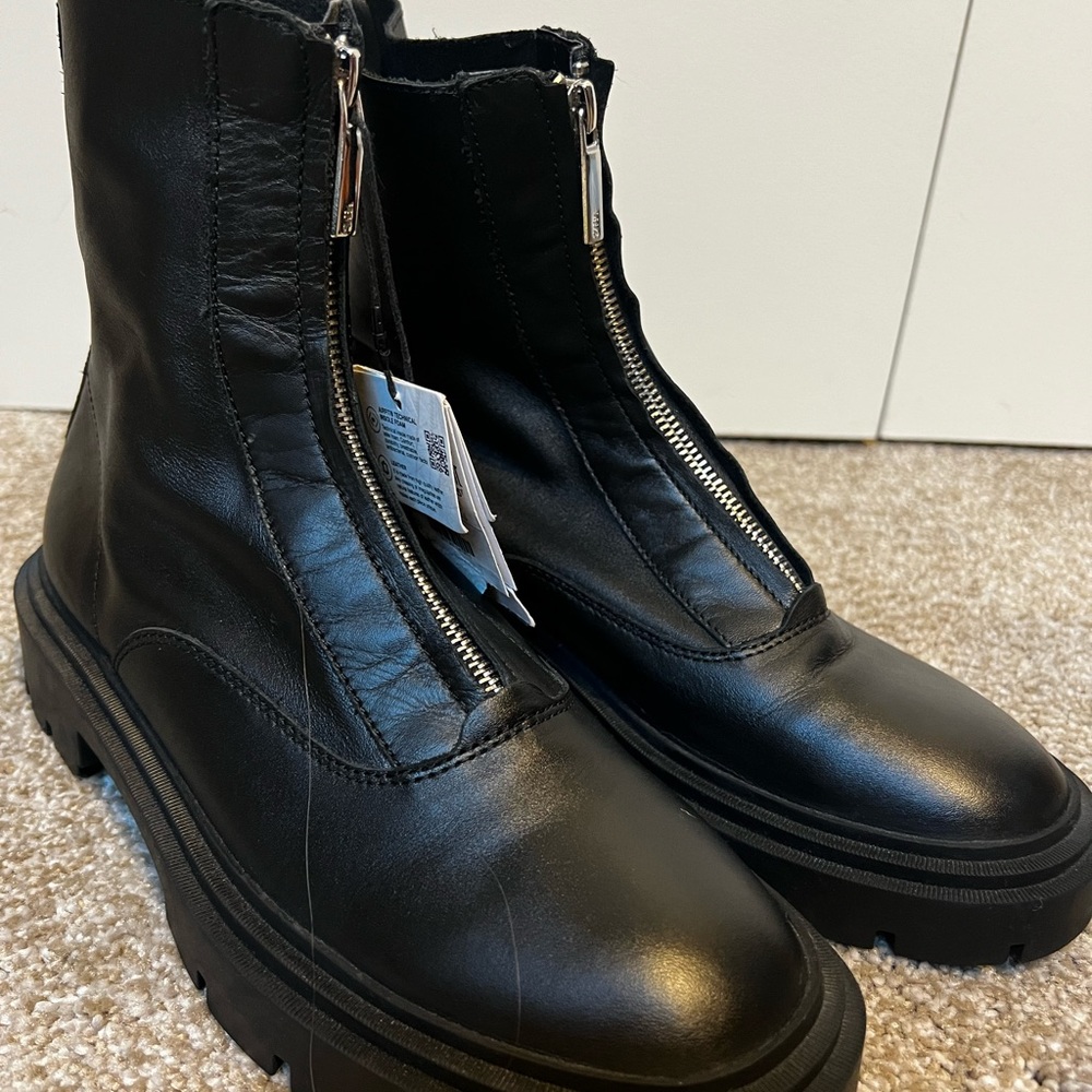 Zara Boots Black Leather Lug Sole Chelsea Boots